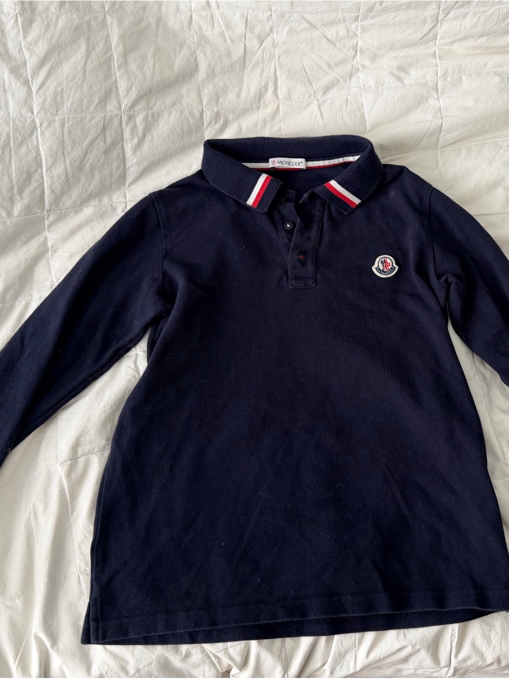 Moncler Navy Long Sleeve Polo with Red & White Trim